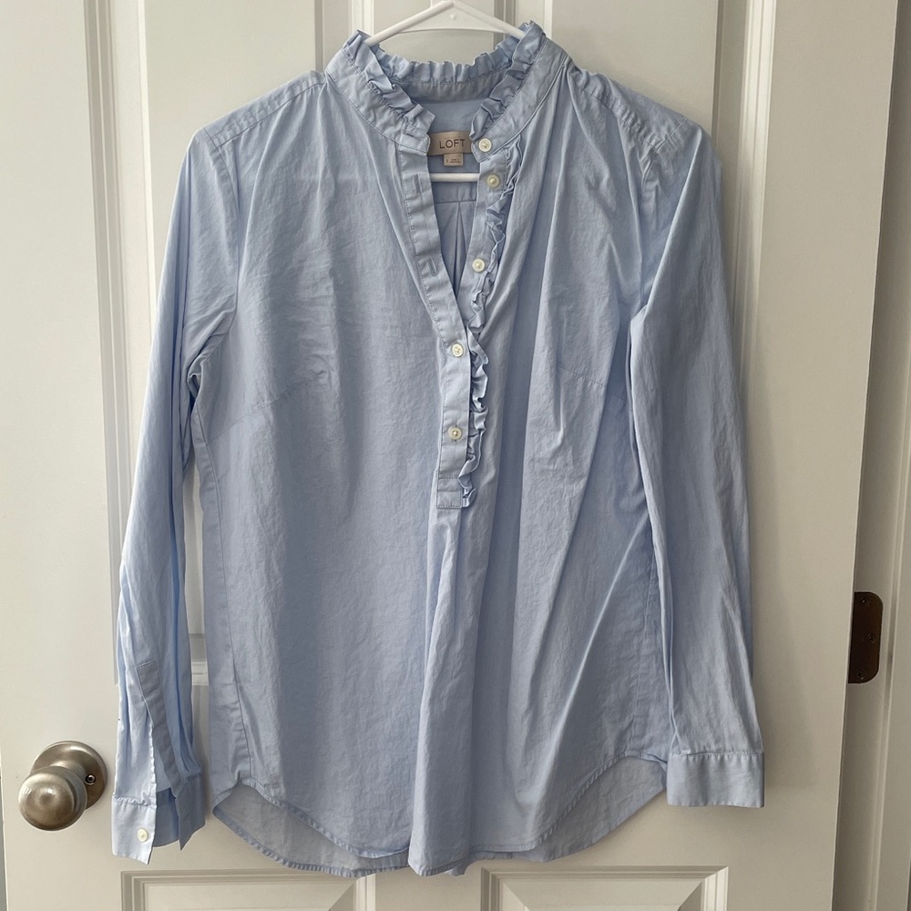 LOFT Light Blue Ruffle Neck Blouse